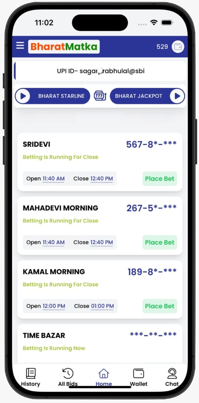 Bharat Matka App Results Screen
